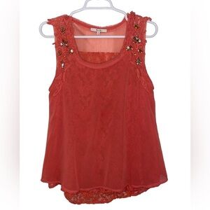 Miss Me Woman's Coral Tank Top With Rhinestone Detail & Lace Underlay Size Small